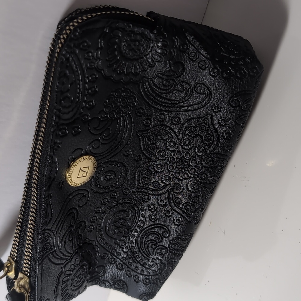Stone Mountain Double Zip Wallet or Wristlet, Black - Embossed Leather